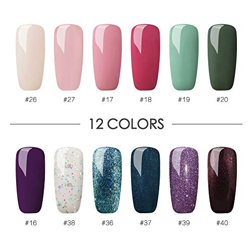 Saint-Acior 12PCS Esmaltes Semipermanentes Nail Art Esmaltes en Gel Pintauñas 8ml Lámpara Uñas 36W UV/LED Secador de Uñas Top Coat Base Coat Kit para Manicura