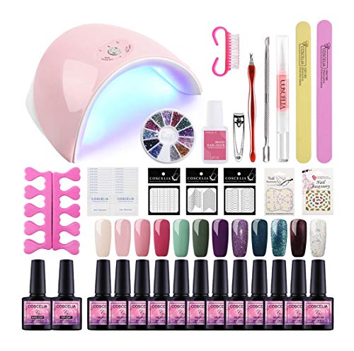 Saint-Acior 12PCS Esmaltes Semipermanentes Nail Art Esmaltes en Gel Pintauñas 8ml Lámpara Uñas 36W UV/LED Secador de Uñas Top Coat Base Coat Kit para Manicura