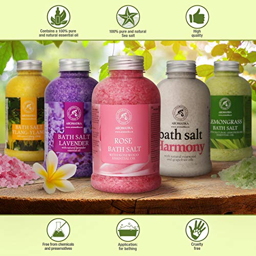 Sal de Baño de Rosas 600g - Sal Marina con Aceite Esencial de Palisandro 100% Natural - Sal de Baño Natural Rosas para Dormir Bien - Alivio del Estrés - Belleza - Corporal - Relajación