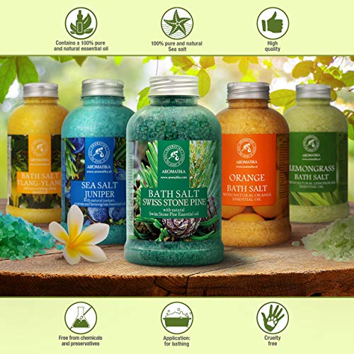 Sales Marinas de Baño con Aceite Esencial de Pino de Piedra Suizo 600g - Sales de Baño Naturales - Mejor para un Buen Sueño - Alivio del Estrés - Belleza - Relajante - Baño & SPA - Cuidado Corporal