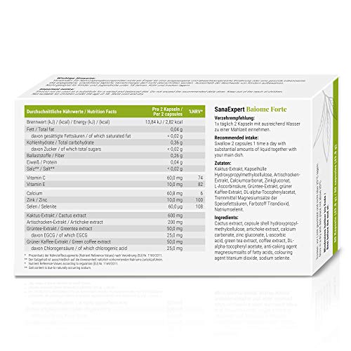 SanaExpert Baiome Forte, Quemador de Grasa, Aglutinante de Grasas, Adelgazante con Extracto de alcachofas, Extracto de semilla de café verde, Té Verde, 60 cápsulas