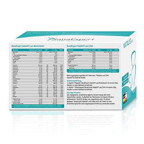 SanaExpert Natalis Lact, 90 cápsulas, preparación combinada para la lactancia después del embarazo con vitaminas DHA Ácido fólico, Luteína, Hinojo, Fenogreco.