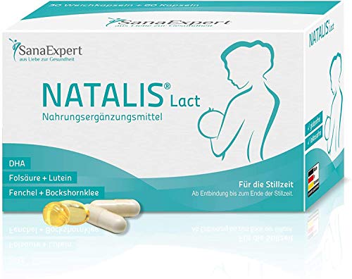 SanaExpert Natalis Lact, 90 cápsulas, preparación combinada para la lactancia después del embarazo con vitaminas DHA Ácido fólico, Luteína, Hinojo, Fenogreco.