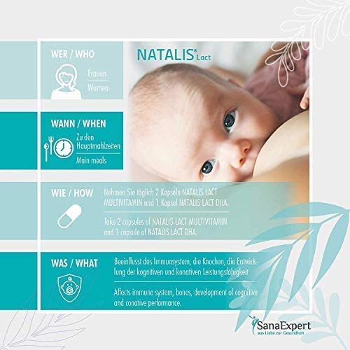 SanaExpert Natalis Lact, 90 cápsulas, preparación combinada para la lactancia después del embarazo con vitaminas DHA Ácido fólico, Luteína, Hinojo, Fenogreco.