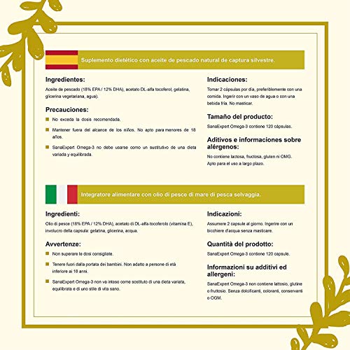 SanaExpert Omega-3, Aceite de Pescado 1000 mg, EPA y DHA, 120 unidades