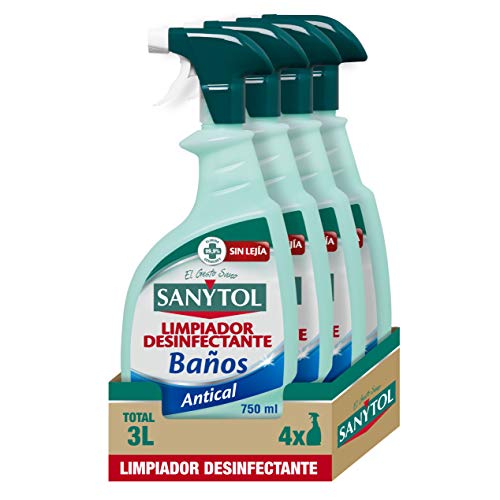 Sanytol - Limpiador Desinfectante para Baños en Spray, Elimina Bacterias y Malos Olores, sin Lejía - Pack de 4 x 750 ml