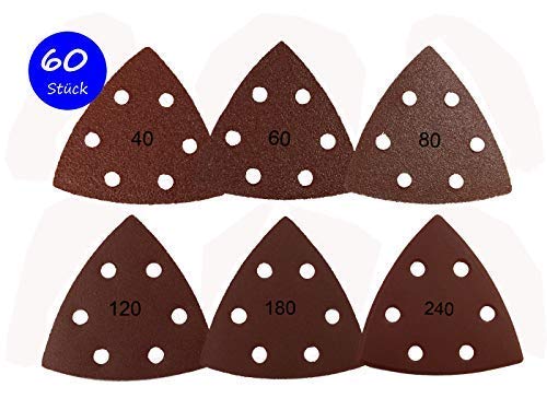 SBS - Juego de 60 triángulos de lija para lijadora Delta (93 x 93 x 93 mm, grano 10 x 40/60/80/120/180/240, 6 orificios)