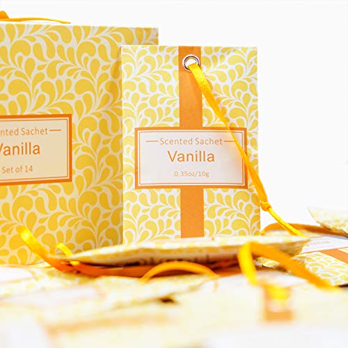 SCENTORINI Set de 14 Bolsita Perfumados de Vainilla sobre Aromántoco Deshumidificador y Ambientador para Cajones y Armarios, Ropa de Bebé, Zapatero, Maleta Regalos para Cumpleaños San Valentin