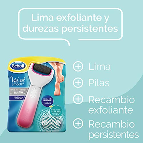 Scholl Lima Eléctrica Durezas Pies Velvet Smooth con Cabezal Exfoliante, Color Rosa