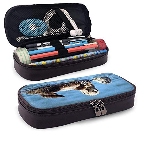 Sea Otter Pup BabyLeather Pen Estuche para lápices Bolsa con doble cremallera Caja para oficina escolar