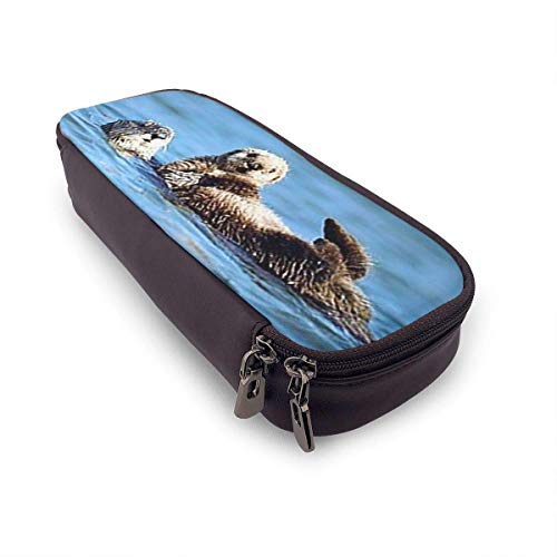 Sea Otter Pup BabyLeather Pen Estuche para lápices Bolsa con doble cremallera Caja para oficina escolar