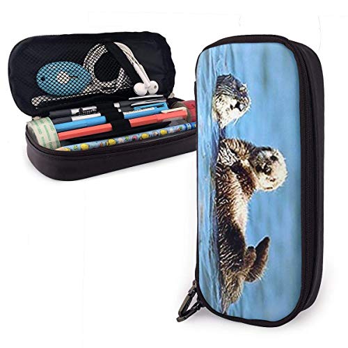 Sea Otter Pup BabyLeather Pen Estuche para lápices Bolsa con doble cremallera Caja para oficina escolar