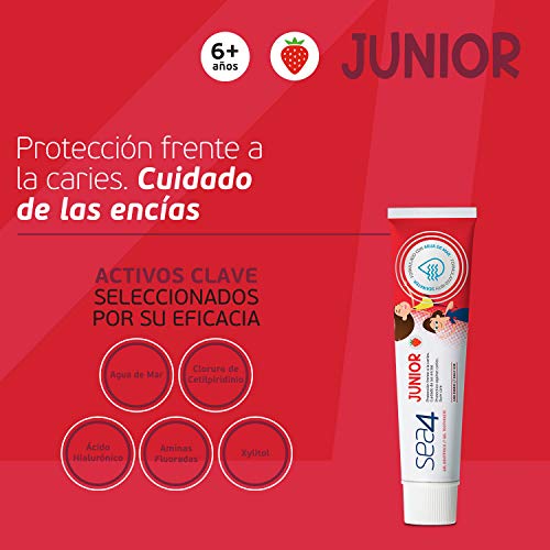 Sea4 Pasta Dentífrica Junior Uso Diario, Protección Frente a Caries, Cuidado de Encías, Formulado con Agua de Mar, Sabor Fresa, 75ml