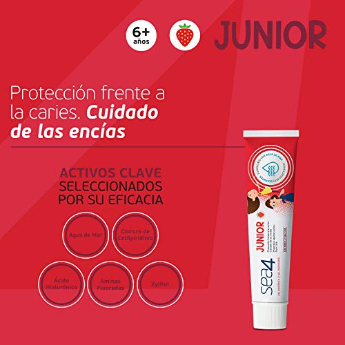 Sea4 Pasta Dentífrica Junior Uso Diario, Protección Frente a Caries, Cuidado de Encías, Formulado con Agua de Mar, Sabor Fresa, 75ml