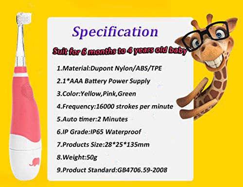 SEAGO Cepillo de dientes eléctrico accionado a batería de Sonic de la batería con la luz del LED y dos cabezas reemplazables del cepillo impermeable para el bebé 6 Month-4 años, Rosa