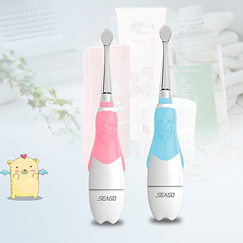 Seago Cepillo de dientes eléctrico para niños de 6 meses a 4 años, cepillo de dientes sónico para bebés con cepillo de luz LED, temporizador inteligente impermeable IPX7, SG513 (513 Rosa)