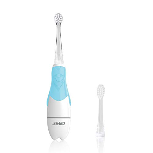 Seago Cepillo de dientes eléctrico para niños de 6 meses a 4 años, cepillo de dientes sónico para bebés con cepillo de luz LED, temporizador inteligente impermeable IPX7, SG513 (513 Azul)