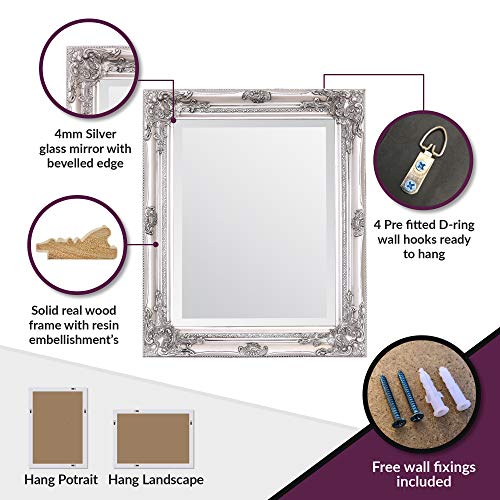 Select Mirrors Rhone Wall Mirror - Estilo barroco antiguo - Shabby Chic - Madera maciza - Acabado a mano - Plata antigua - 50 cm x 60 cm