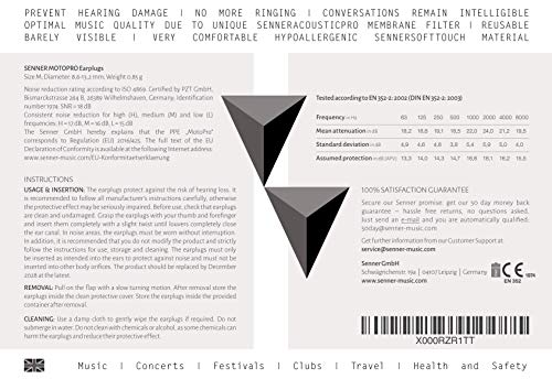 Senner MotoPro tapones transparentes para oídos (SNR 18dB) con soporte de aluminio, para un uso prolongado y repetitivo, con filtro de color negro/transparente