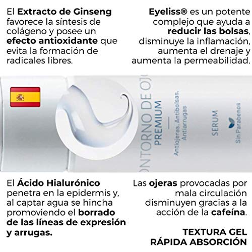 Serum Contorno de Ojos Antiarrugas Antiojeras Antibolsas Efecto Lifting que Alisa e Ilumina - Con Hialuronico Gynseng Cafeína y Eyeliss - Farmaceutico - 30 ml