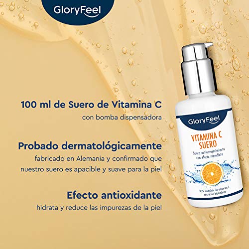 Serum de Vitamina C (30%) con Ácido Hialurónico - 100ml Suero facial vegano con ácido hialurónico para la cara y piel- Probado dermatológicamente