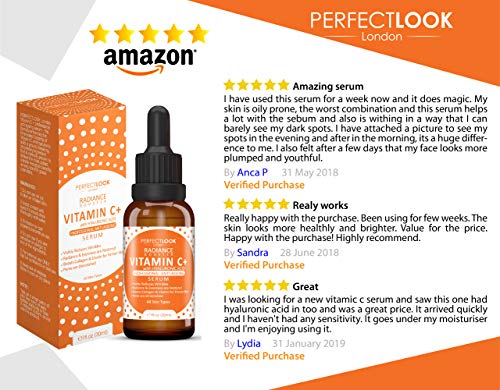 Serum Facial con Vitamina C y Ácido Hialurónico Puro - RADIANCE BOOSTER por Perfect Look London.Efecto Antiarrugas y Antiedad, Aclarará e Hidratará la piel mientras rellena esas Líneas Finas y Arrugas