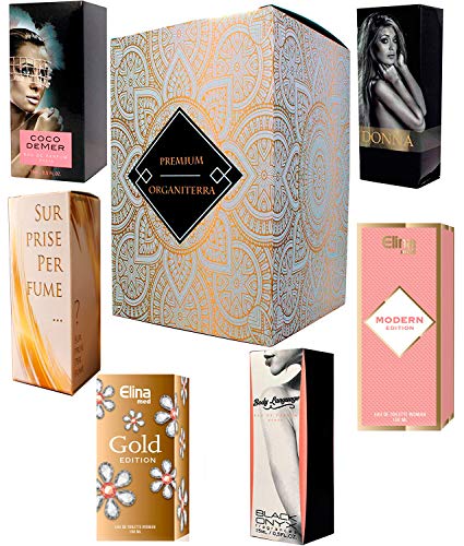Set de 6 (seis) Perfumes para Mujer 15ml Cada uno en caja con spray. (Eau de Parfum/Eau de Toilette) En caja de regalo ORGANITERRA®