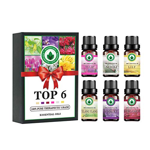 Set de aceites esenciales florales, aceites aromáticos con aromaterapia Top 6 aceites esenciales de grado superior terapéuticos 100% puros - Set de regalo 6 / 10ml