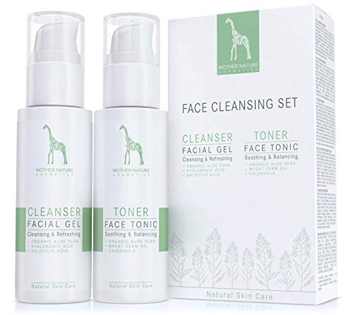 Set de Limpieza Facial con Aloe Vera BIO y Ácido Hialurónico - VEGAN - 125 ml de Gel Limpiador Facial y 125 ml de Tónico Facial para Piel Normal, Grasa, Mixta e Impura - Cuidado Facial Natural