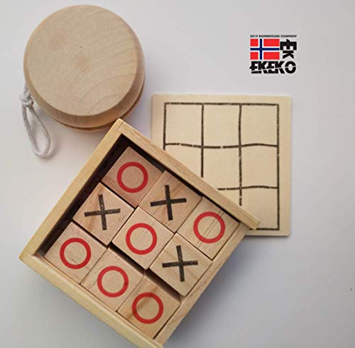 Set Ekeko 3NRAYA+ Little Boys, Pack de 2 Juegos de Madera Mini, 3 en Raya y Yoyó, en Practica Bolsa de Regalo de Algodon. Tic-TAC-Toe & Yo-yo Pack