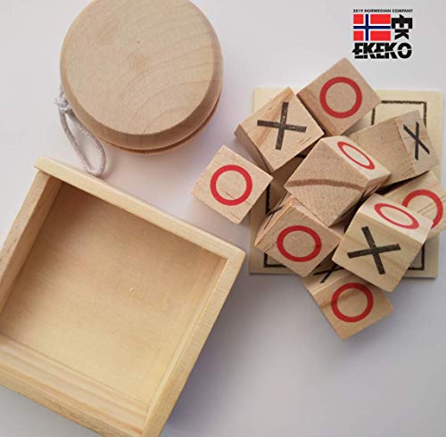 Set Ekeko 3NRAYA+ Little Boys, Pack de 2 Juegos de Madera Mini, 3 en Raya y Yoyó, en Practica Bolsa de Regalo de Algodon. Tic-TAC-Toe & Yo-yo Pack