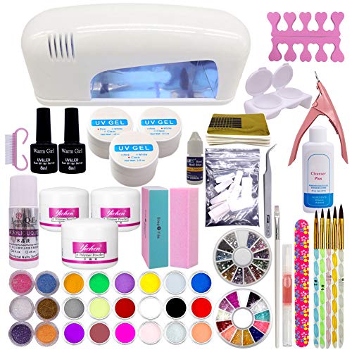 Set profesional de artículos para la decoración de uñas; polvo de acrílico, 24 colores, gel UV, lámpara blanca UV de secado, estrás.