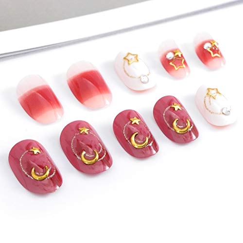 Sethexy 24 Pcs Glossy Oval False Nails Chic Moon Star White&Lightcoral Full Cover Acrylic Fake Nail Tips for Women and Girls