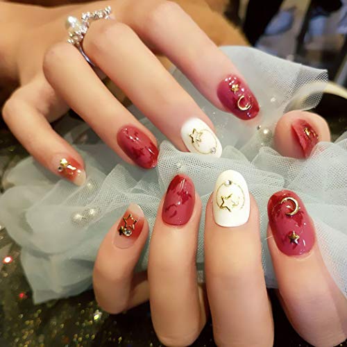 Sethexy 24 Pcs Glossy Oval False Nails Chic Moon Star White&Lightcoral Full Cover Acrylic Fake Nail Tips for Women and Girls
