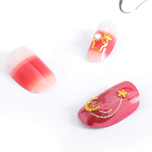 Sethexy 24 Pcs Glossy Oval False Nails Chic Moon Star White&Lightcoral Full Cover Acrylic Fake Nail Tips for Women and Girls
