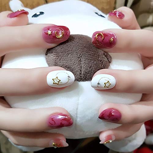 Sethexy 24 Pcs Glossy Oval False Nails Chic Moon Star White&Lightcoral Full Cover Acrylic Fake Nail Tips for Women and Girls