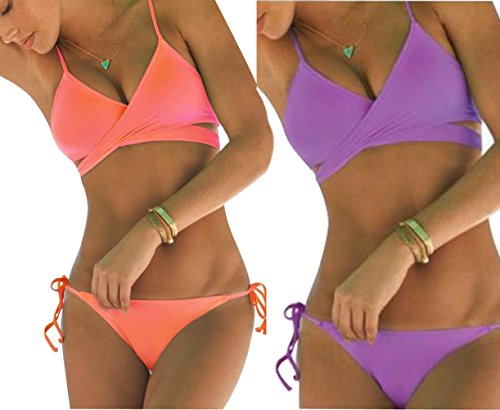 ShallGood 2018 Mujeres Bañadores Playa Bikini Sets Dos Piezas Cuello Hálter Swimsuit Acolchado Bra Push Up Trajes de Baño Tops y Braguitas A Morado ES 40