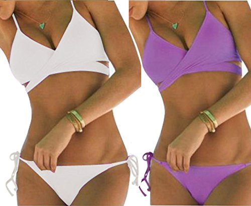 ShallGood 2018 Mujeres Bañadores Playa Bikini Sets Dos Piezas Cuello Hálter Swimsuit Acolchado Bra Push Up Trajes de Baño Tops y Braguitas A Morado ES 40