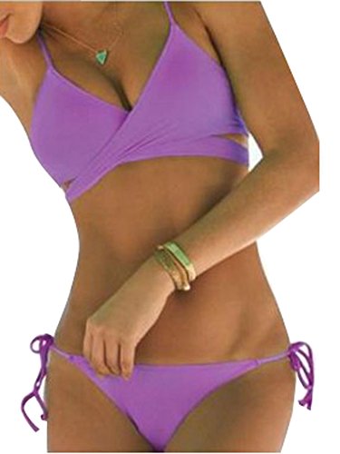 ShallGood 2018 Mujeres Bañadores Playa Bikini Sets Dos Piezas Cuello Hálter Swimsuit Acolchado Bra Push Up Trajes de Baño Tops y Braguitas A Morado ES 40