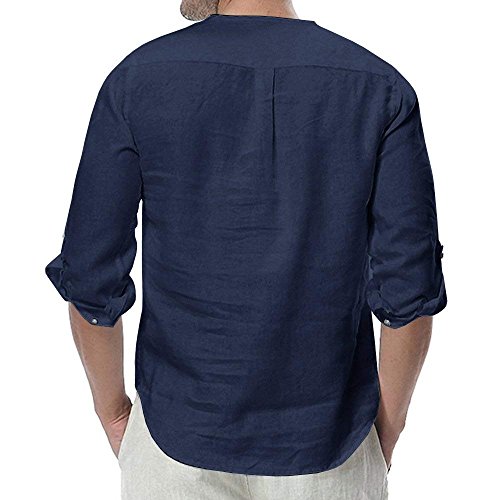 ShallGood Camisa Hombre Cuello Mao Lino Blusa Manga 3/4 Camisas Top Sin Cuello De Color Sólido Blusas Suelta Camisas De Trabajo Suave Cómodo Transpirable A Oscuro Azul X-Large