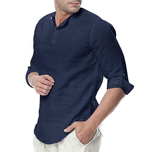 ShallGood Camisa Hombre Cuello Mao Lino Blusa Manga 3/4 Camisas Top Sin Cuello De Color Sólido Blusas Suelta Camisas De Trabajo Suave Cómodo Transpirable A Oscuro Azul X-Large