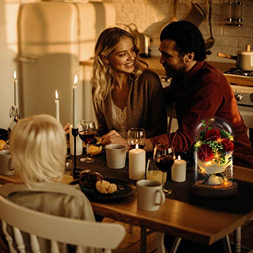 shirylzee La Bella y La Bestia Rosa Encantada Rosa Rojas con Luz de Hadas LED Base de Madera cúpula de Vidrio Regalo para día de San Valentín Día de la Madre de cumpleaños de Boda de Aniversario