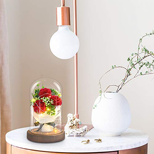 shirylzee La Bella y La Bestia Rosa Encantada Rosa Rojas con Luz de Hadas LED Base de Madera cúpula de Vidrio Regalo para día de San Valentín Día de la Madre de cumpleaños de Boda de Aniversario