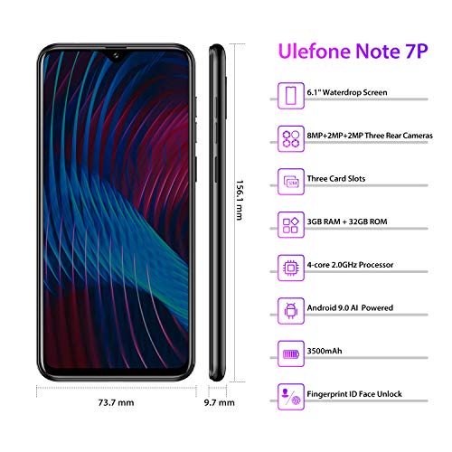 Smartphone Libre 4G Ulefone Note 7P, Waterdrop 6.1 Teléfono Móvil, 3+ 32 Go Quad-Core Android 9.0, Moviles Libres 2019 Cámara Trasera Triple y Ranura Triple, Face ID et Fingerprint 3500mAh OTG (Negro)