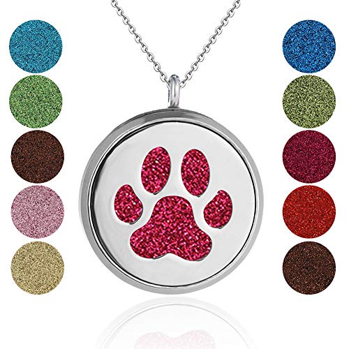 Soleebee Collar Difusor de Aceite Esencial Aromaterapia Collar de Acero Inoxidable Locket Collar Colgante 60cm Collar de Perfume con 10 Almohadillas de Fieltro (Pata de Perro)