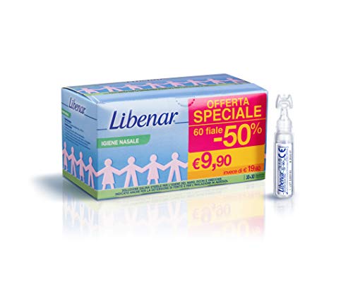 Solución salina fisiológica Libenar, solución isotónica estéril para la limpieza de ojos y nariz infantiles, 60 viales x 5 ml