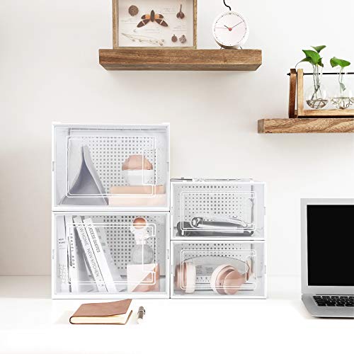 SONGMICS Cajas de Zapatos,Juego de 10 Organizadores de Zapatos con 6 Contenedores Pequeños y 4 Grandes, Apilables y Plegables para Zapatos de Diversos Tipos y Tamaños, Transparente LSP010W01