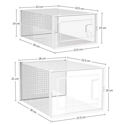 SONGMICS Cajas de Zapatos,Juego de 10 Organizadores de Zapatos con 6 Contenedores Pequeños y 4 Grandes, Apilables y Plegables para Zapatos de Diversos Tipos y Tamaños, Transparente LSP010W01