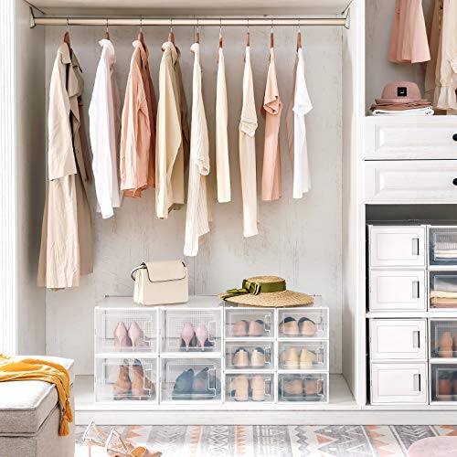 SONGMICS Cajas de Zapatos,Juego de 10 Organizadores de Zapatos con 6 Contenedores Pequeños y 4 Grandes, Apilables y Plegables para Zapatos de Diversos Tipos y Tamaños, Transparente LSP010W01