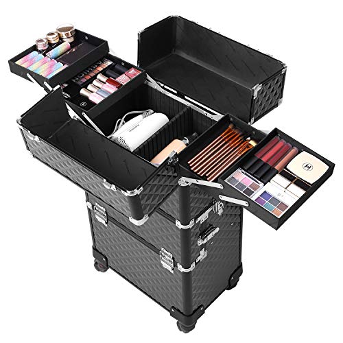 SONGMICS Estuche de Maquillaje Profesional , Carro de Belleza de Viaje, Carro de Cosméticos Grande para Peluqueros, Estuche de Maquillaje Enrollable con Cierre con Ruedas Universales, Negro JHZ04B